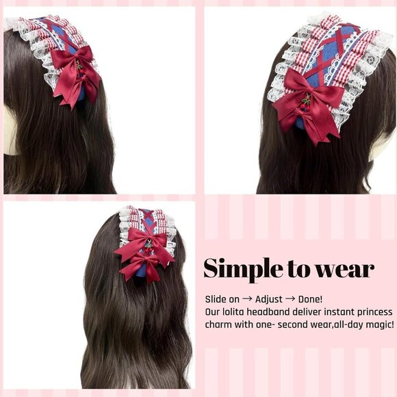 Denim Headband Womens Lolita Lace Cherry Bowknot Cosplay Hair Accessory main image 2